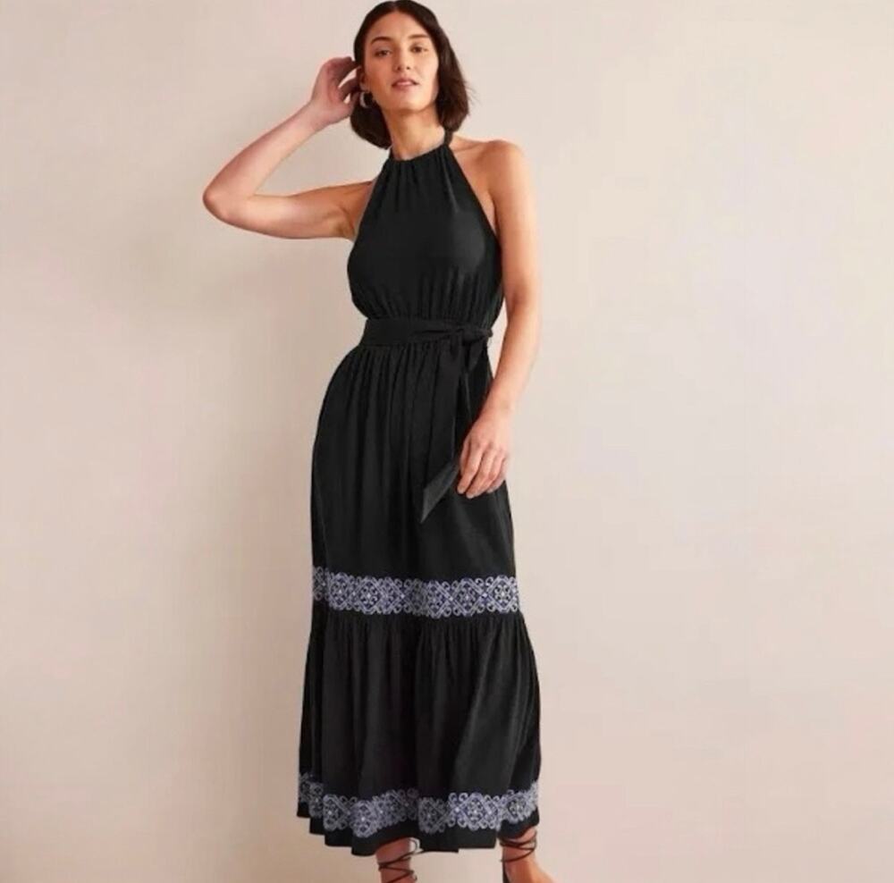 Boden Tiered Halter Embroidered Jersey Boho Maxi Cottagecore Dress Black Size 2